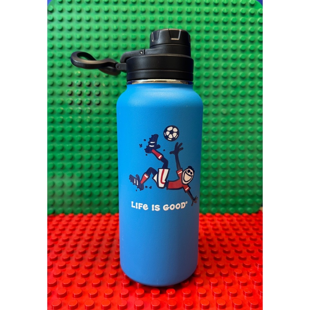 Life is Good Soccer Player 32oz Blue Stainless Steel Wide Mouth Water Bottle